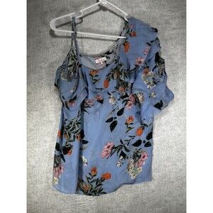 Parker Blue Floral One-Shoulder Ruffled Silk Blouse Women’s Size Large